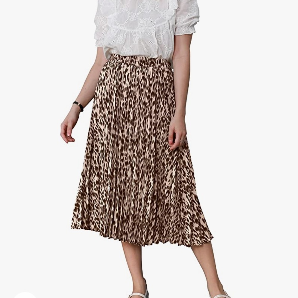 CHARTOU Elastic High Waisted A Line Leopard Print Pleated Midi-Long Skirt